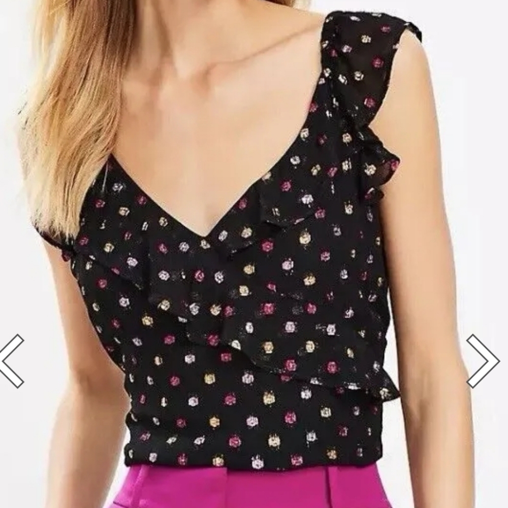 LOFT Black Sleeveless Ruffle Top With Metallic Pink & Gold Dots NWT Sz L